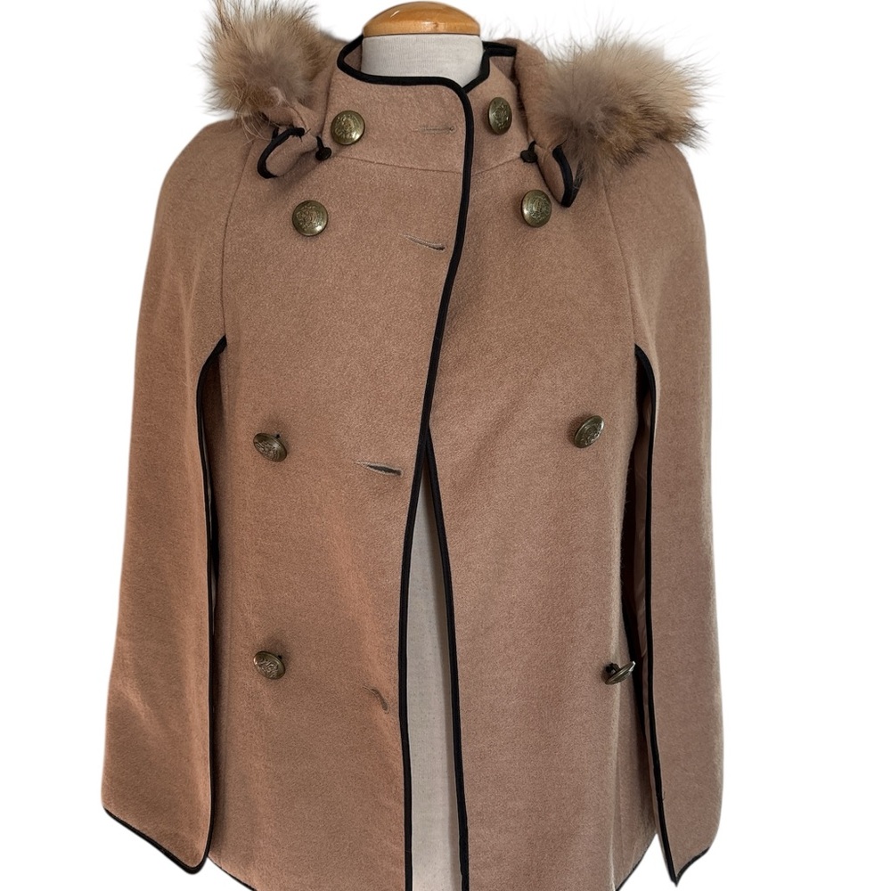 Women's Tan Cape Coat with Detachable Faux Fur Trim Hood - Picture 9 of 11